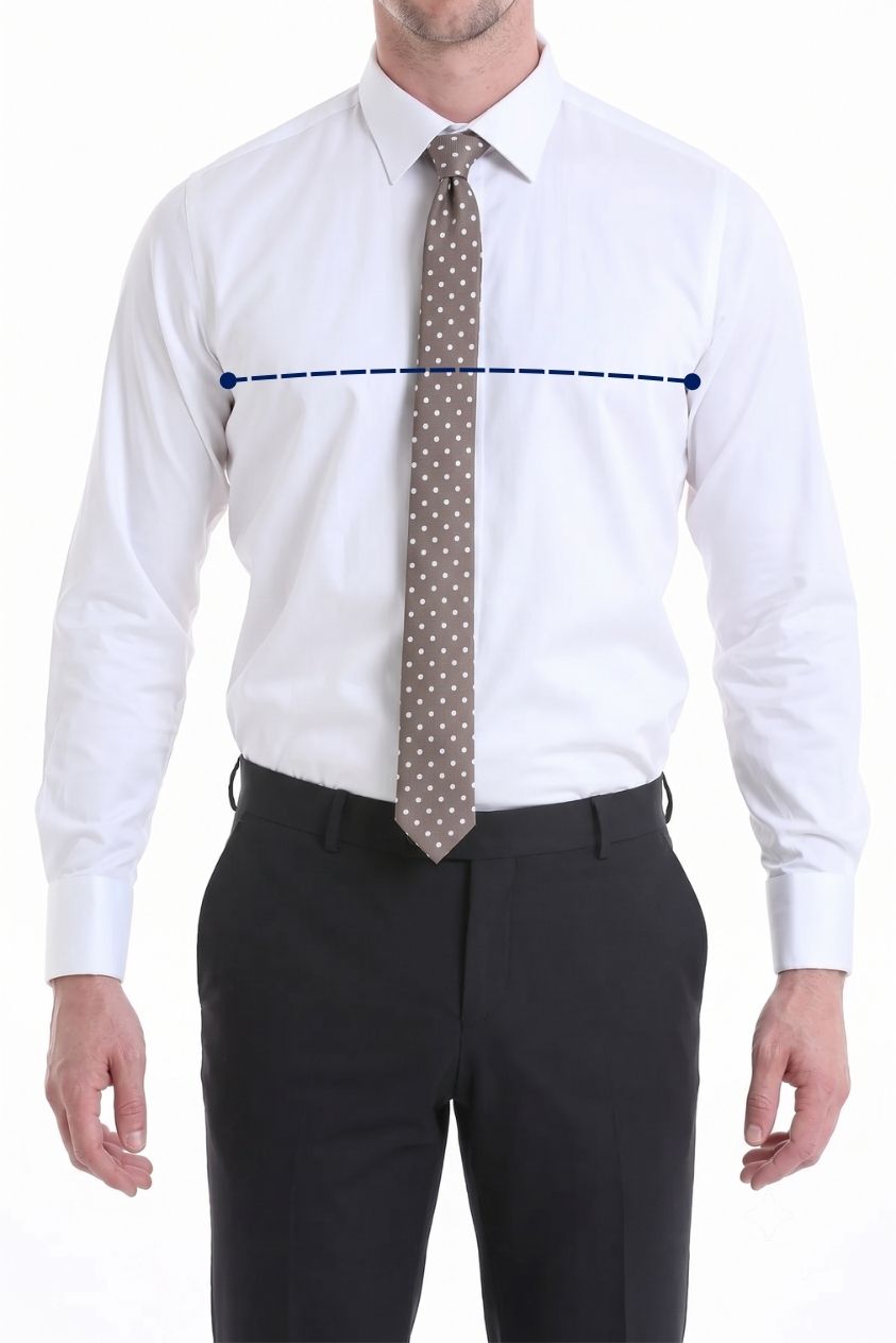 Dashed line showing where to measure chest circumference under the armpits for a suit jacket