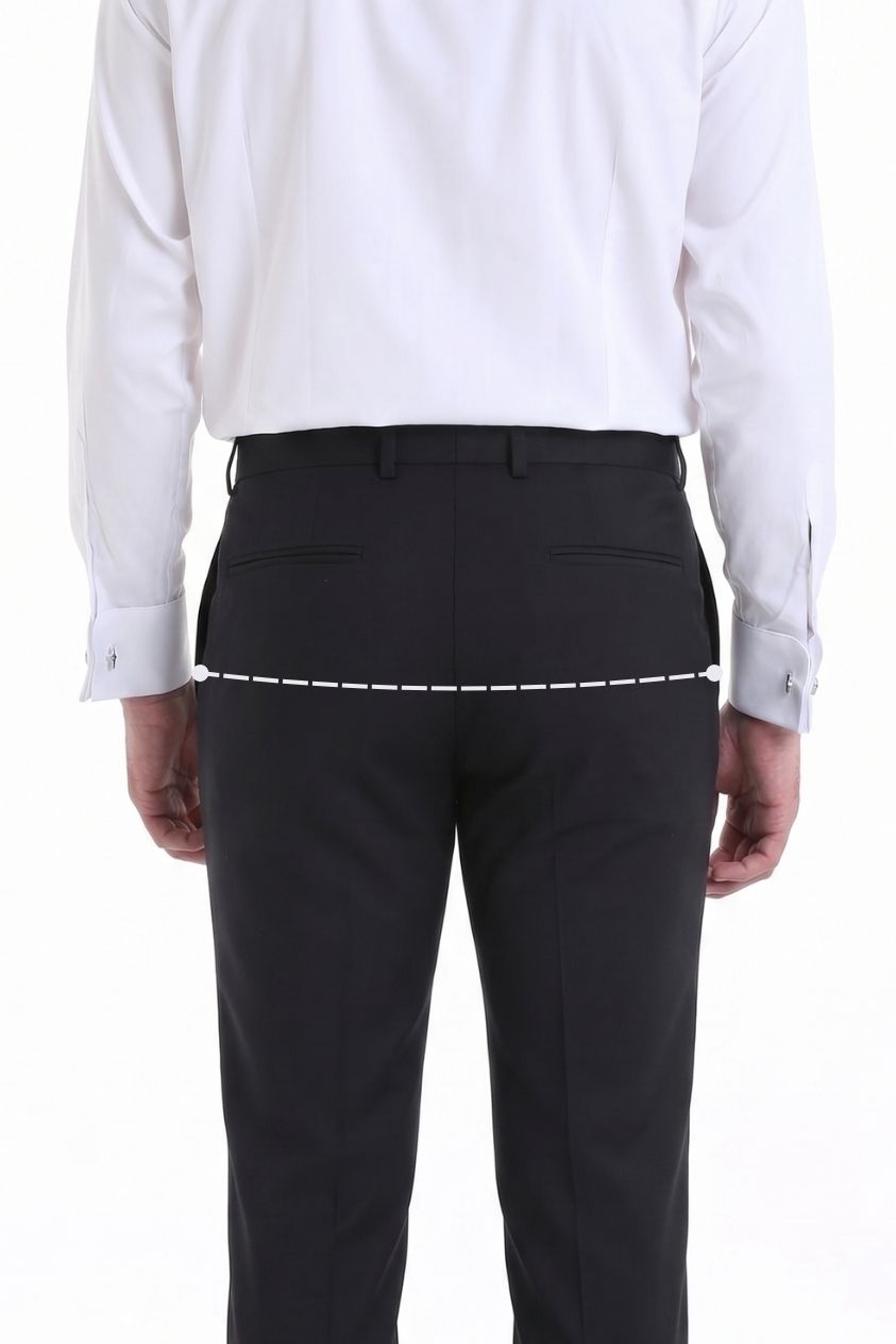 Rear view with a dashed line across the fullest part of the hips and seat for trouser fit