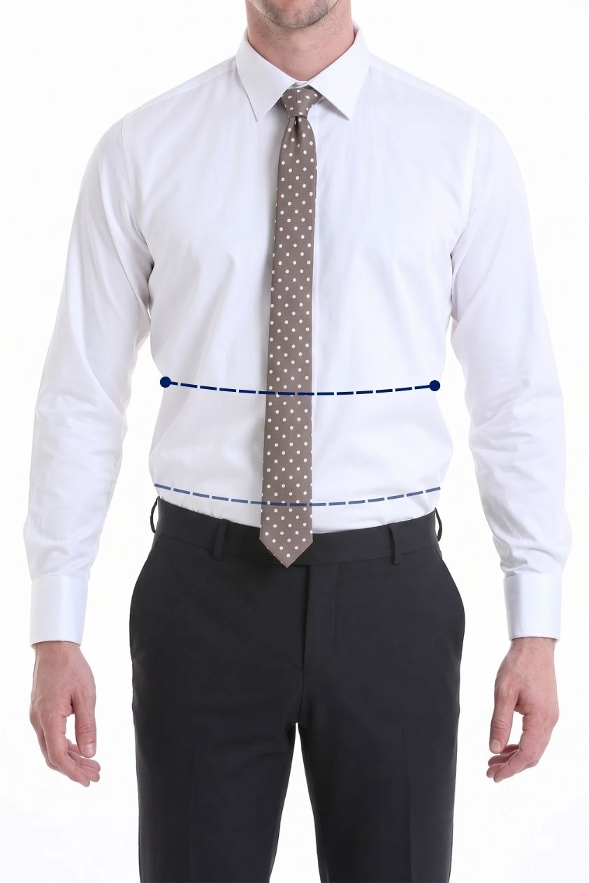Two dashed lines marking the natural jacket waist and the lower trouser waist position