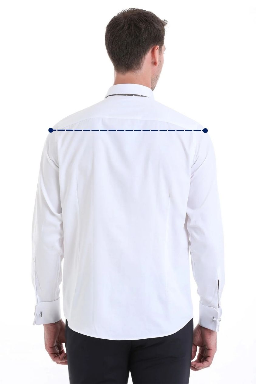 Rear view with a straight dashed line from one shoulder edge to the other across the back