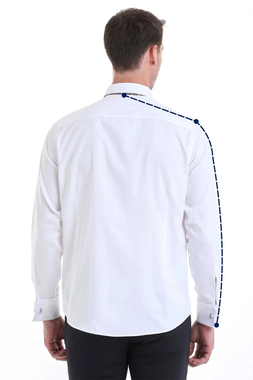 Dashed line running from the center back of the neck across the shoulder and down the arm to the cuff