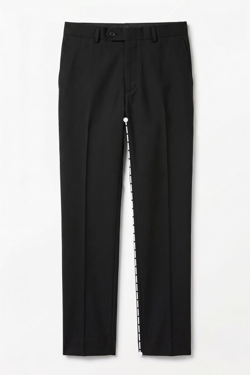 Black dress trousers laid flat with a dashed line from the crotch seam down the inner leg to the hem