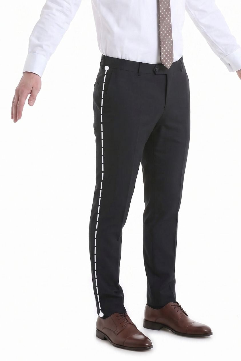Dashed line down the outer trouser seam from the waistband to the hem at the shoe