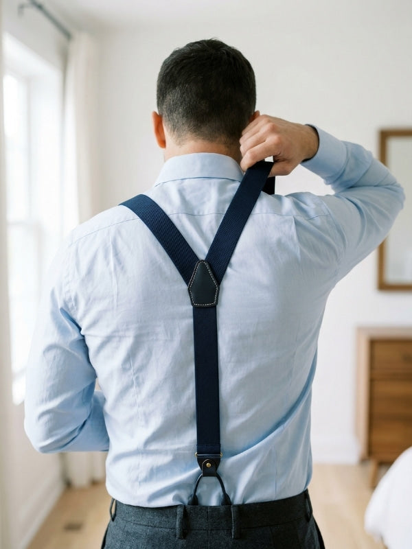 Man putting on navy Y-back suspenders over a light blue dress shirt seen from behind in a bright dressing room