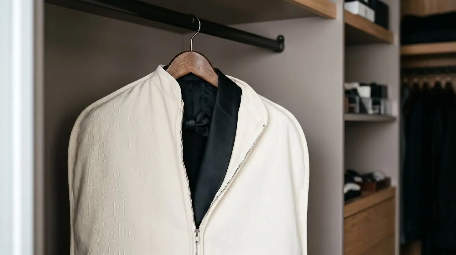 Black tuxedo on a wide contoured wooden hanger inside an open breathable cotton garment bag in a cool dark closet