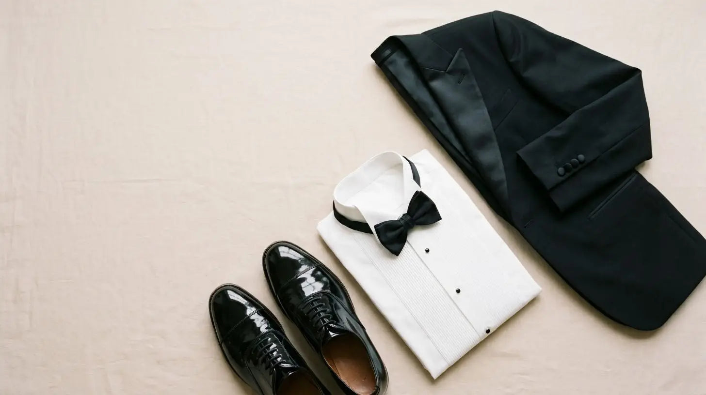 Black peak-lapel tuxedo with satin facing laid flat beside a white bib-front shirt, black self-tie bow tie, and patent leather oxfords