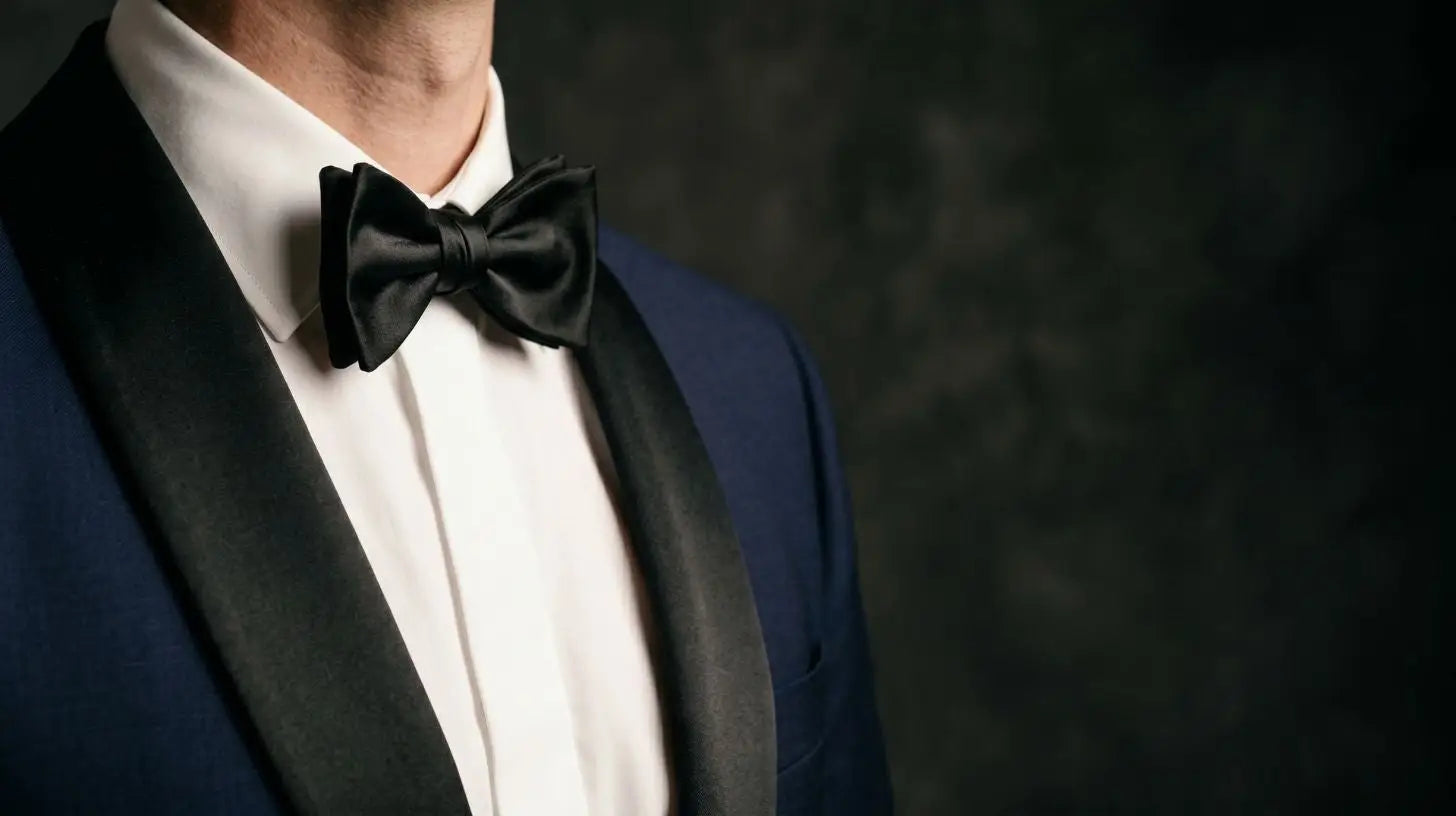 Midnight navy tuxedo jacket with black satin shawl collar on a wooden hanger beside black patent oxfords and a white pocket square