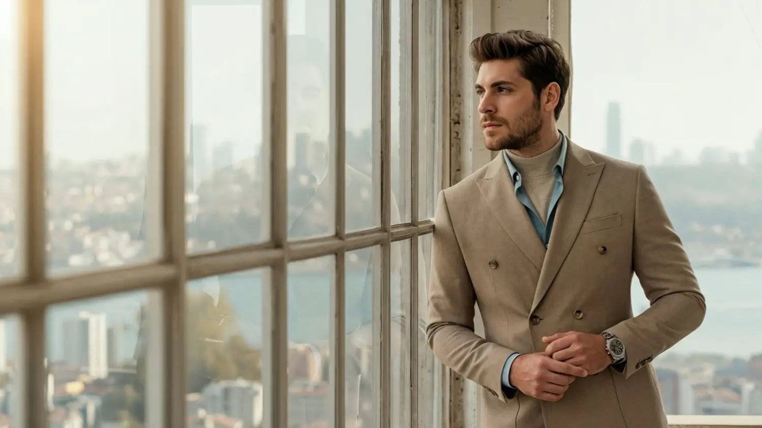 Man wearing a beige double-breasted suit without a tie, styled with a turtleneck for a modern and refined look.