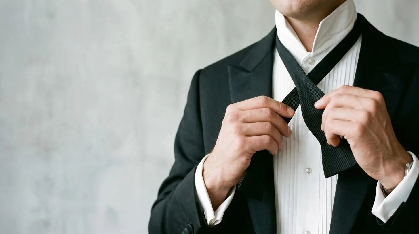 Close view of a first tuxedo being dressed, hands fastening a black self-tie bow tie over a white bib-front shirt and peak-lapel jacket