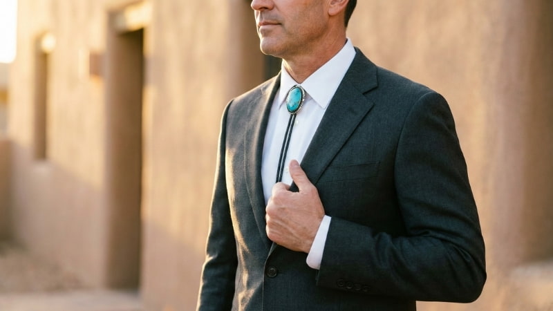 A man in a charcoal suit and white shirt wearing a turquoise and silver bolo tie