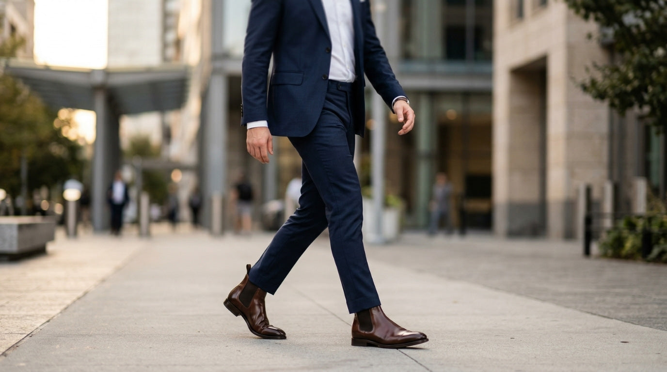 Man in a navy slim-fit suit and white dress shirt walking on a city sidewalk wearing polished dark brown leather Chelsea boots