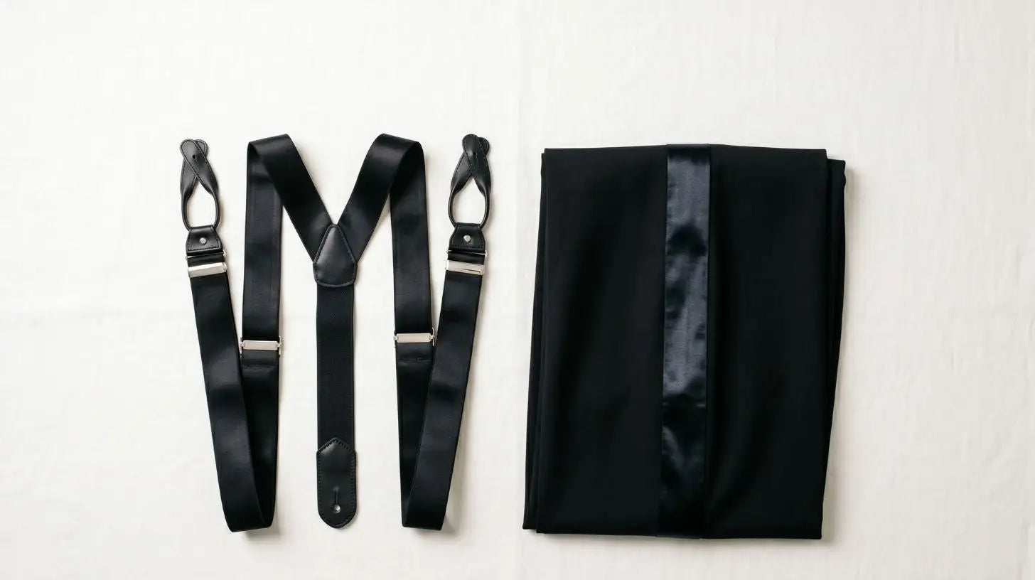 Black silk Y-back suspenders buttoned inside tuxedo trouser waistband next to a folded white dinner shirt