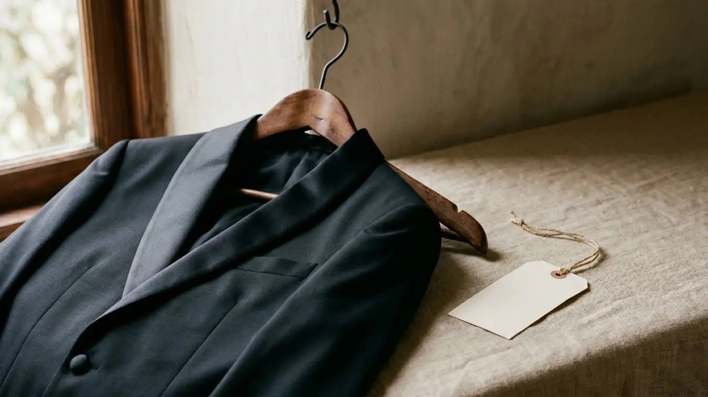Black tuxedo on a contoured wooden hanger next to a folded rental garment bag, illustrating the buy versus rent cost comparison