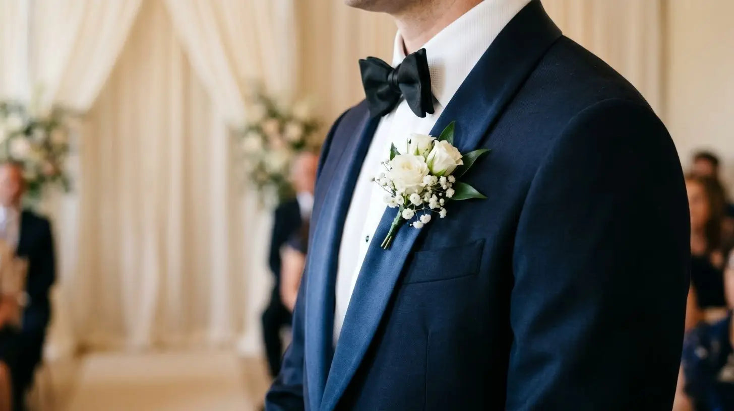 Midnight blue wedding tuxedo with a satin shawl lapel and a small white boutonniere, styled for a formal ceremony
