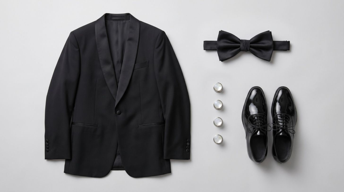 Overhead flat-lay of a black satin-trimmed tuxedo jacket with a bow tie, shirt studs, and patent shoes arranged on a light gray surface