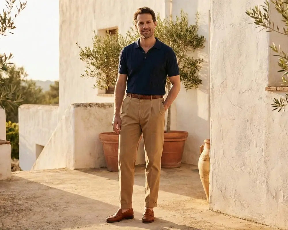 Man wearing tan double-pleated cotton trousers with a navy polo shirt on a Mediterranean terrace