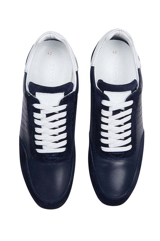 Lace-Up Perforated Leather Navy Sneakers - SAYKI