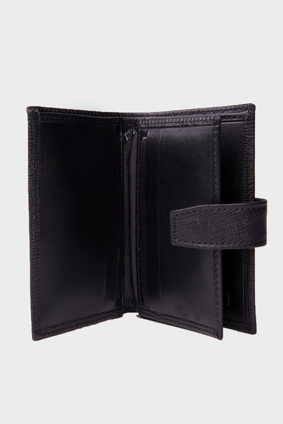 Black leather wallet with a textured surface and stitched edges, featuring a flap closure secured by a matching strap.