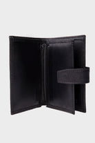 Black leather wallet with a textured surface and stitched edges, featuring a flap closure secured by a matching strap.