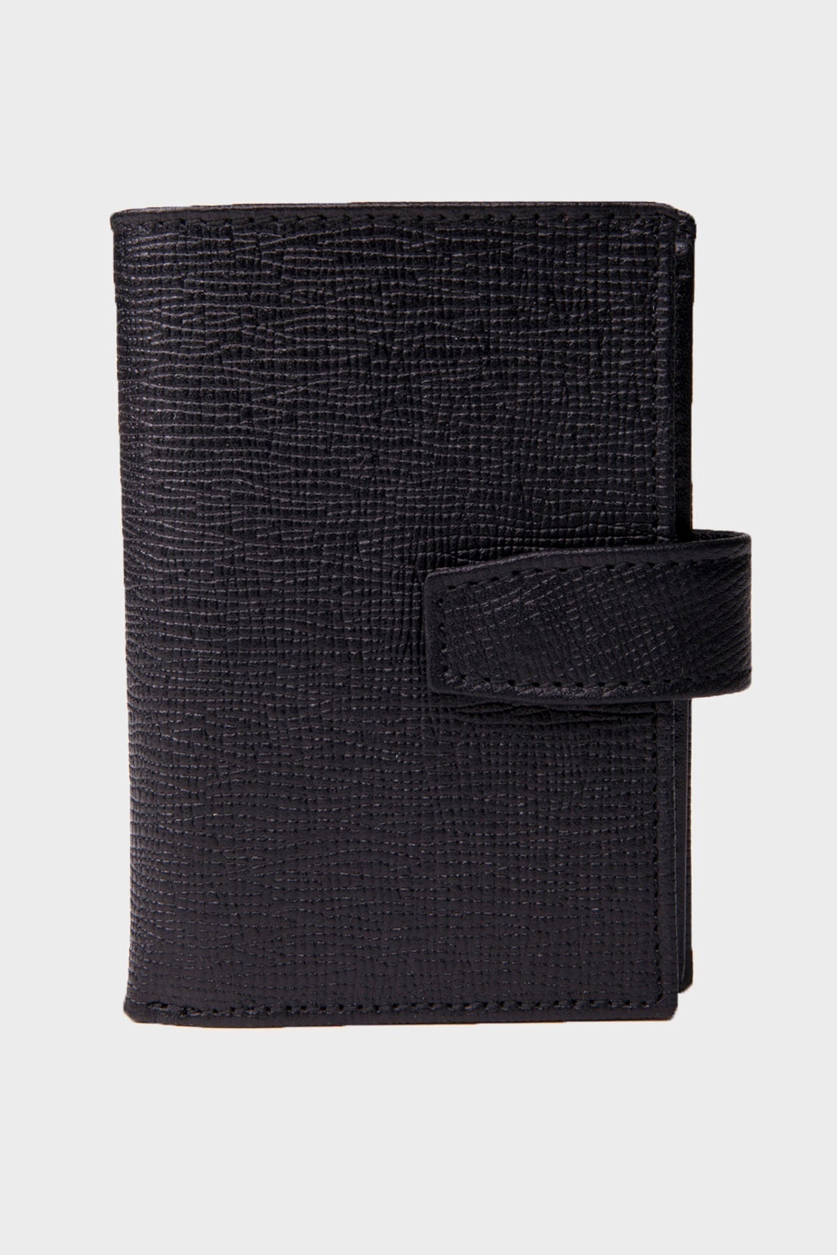 Black textured leather wallet with a flap closure.