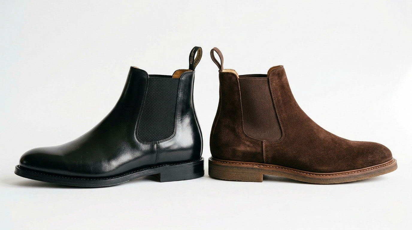 Side-by-side comparison of a polished black leather Chelsea boot and a chocolate brown suede Chelsea boot showing the texture and finish difference between materials