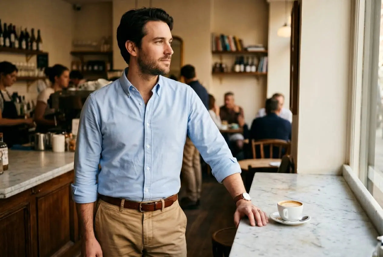 Man wearing a light blue Oxford button-down shirt with rolled sleeves and khaki chinos leaning at a marble cafe counter in warm afternoon light