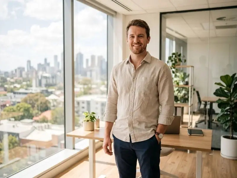 Man in a sand-colored linen-blend dress shirt with sleeves rolled up in a bright office setting