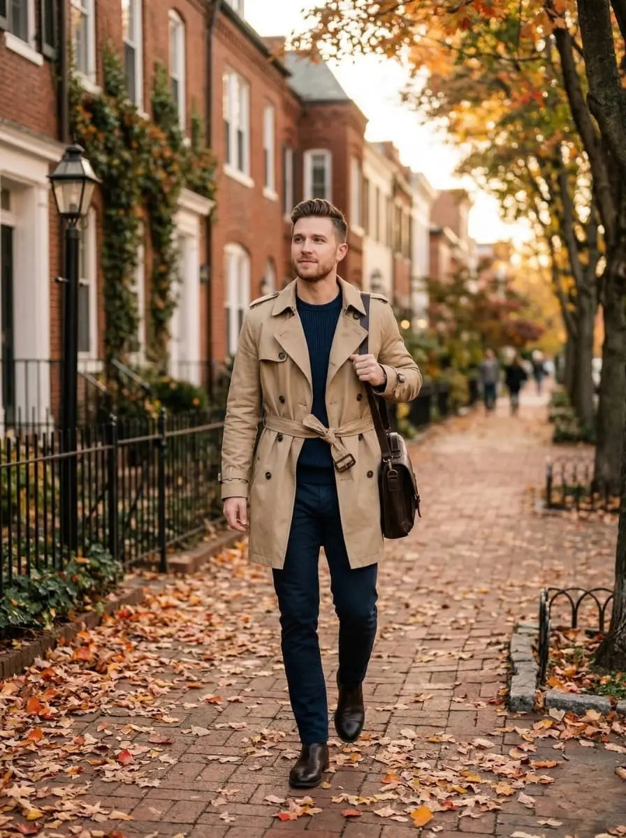 Man in a khaki trench coat with belt tied casually walking down a tree-lined street with autumn leaves and red brick rowhouses