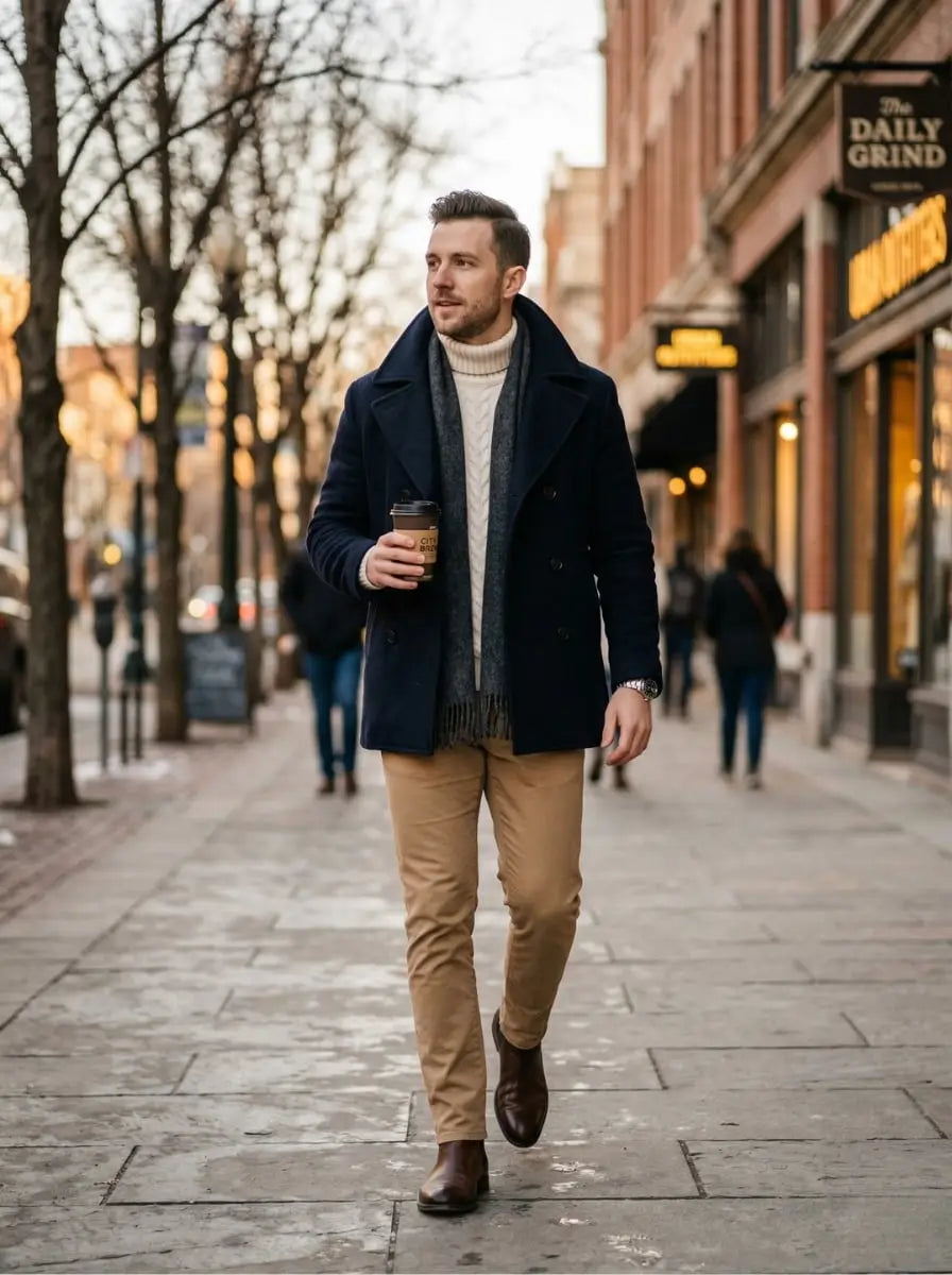 Man in a navy peacoat with a cream turtleneck sweater, grey scarf, tan chinos, and brown chelsea boots walking on a winter city street