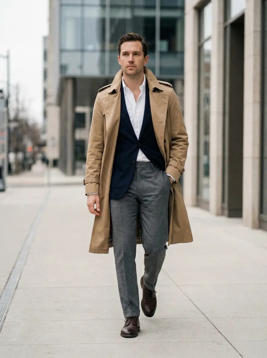 Man in an open tan trench coat layered over a navy blazer, white dress shirt, grey wool trousers, and brown leather shoes walking in a city