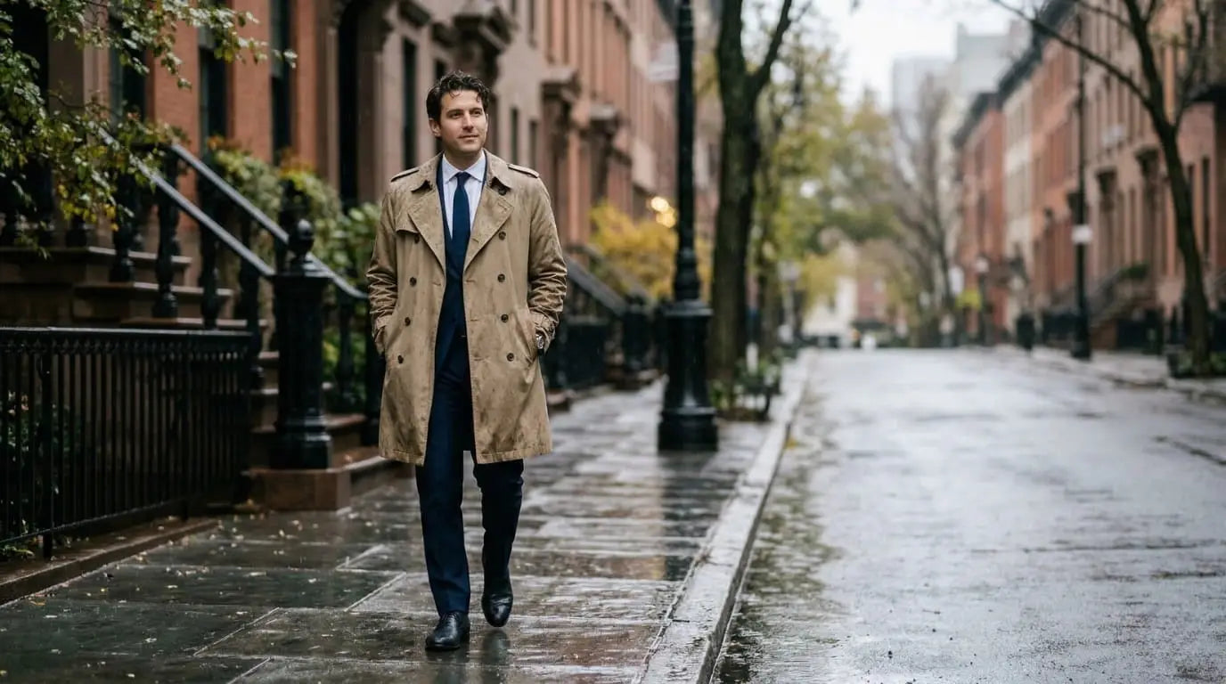 Man in a khaki trench coat over a navy suit walking down a rain-slicked brownstone-lined city street
