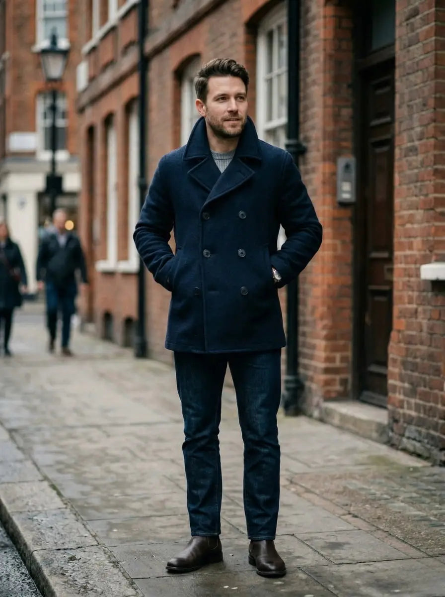 Man wearing a navy double-breasted wool peacoat with a grey crewneck sweater, dark jeans, and brown chelsea boots on a city street