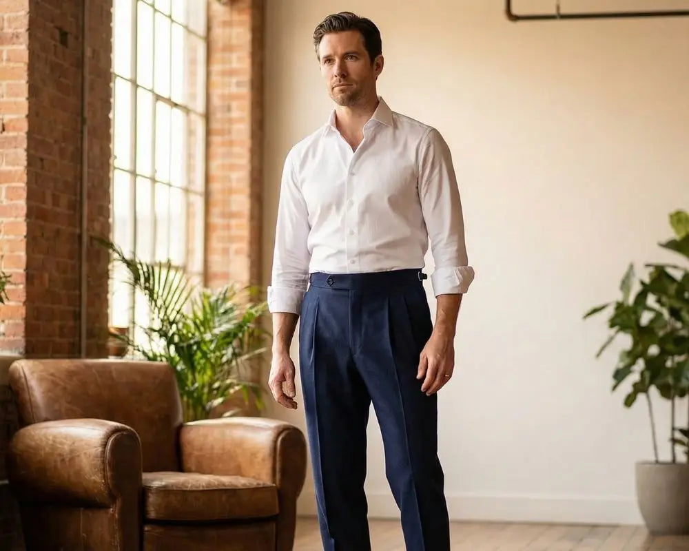 Man wearing high-waisted navy blue pleated wool trousers with a white dress shirt in a modern loft apartment
