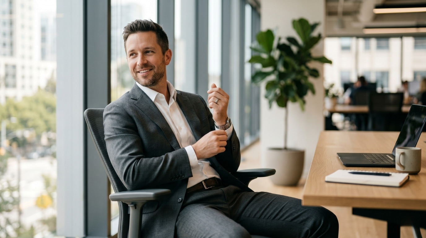 Man in a charcoal regular fit suit seated comfortably in a modern office showing ease of movement