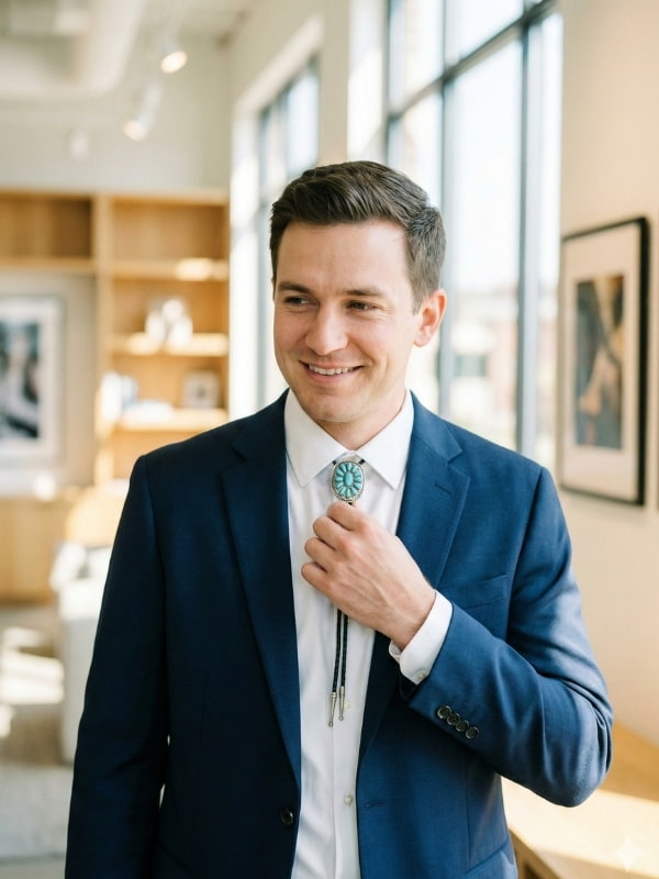 Man in a navy blazer and white dress shirt adjusting a silver and turquoise bolo tie