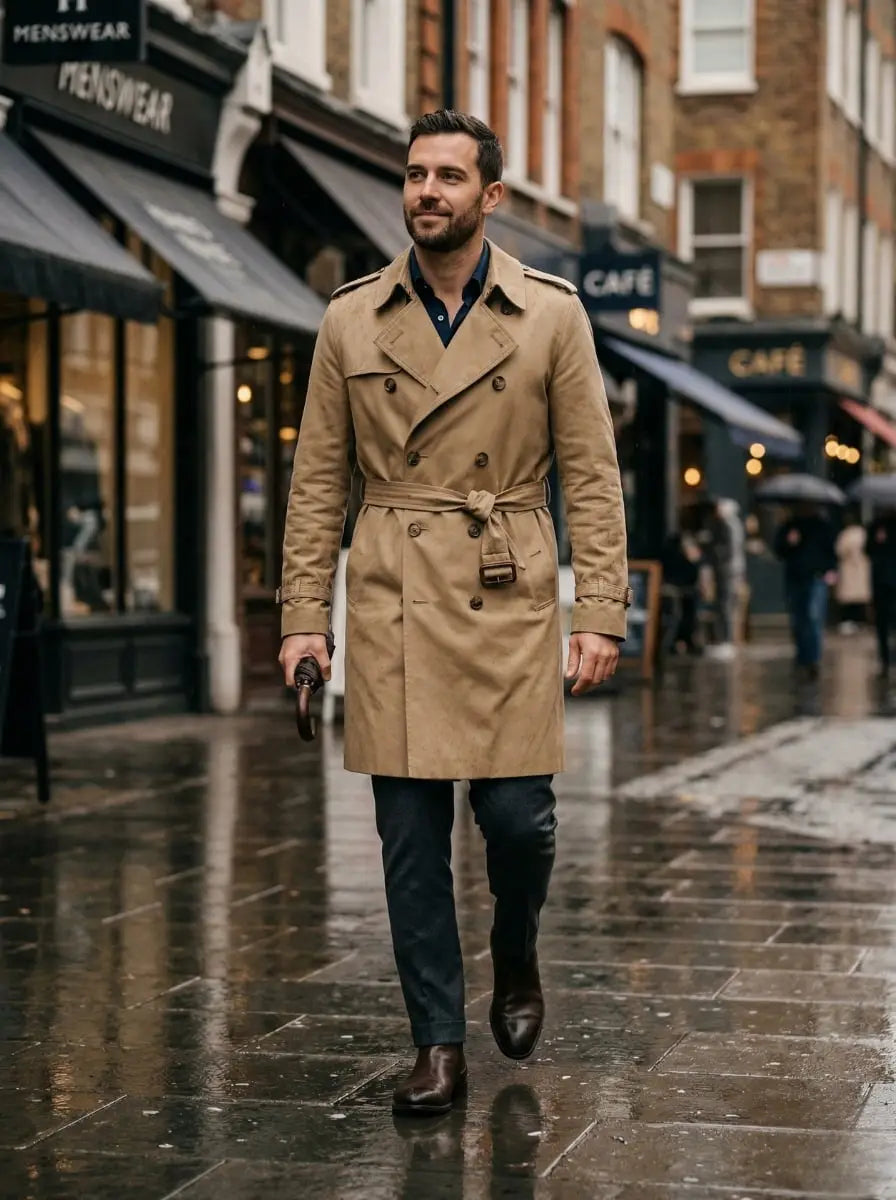 Man walking on a rainy city street wearing a belted tan trench coat over a navy shirt with dark trousers and brown chelsea boots