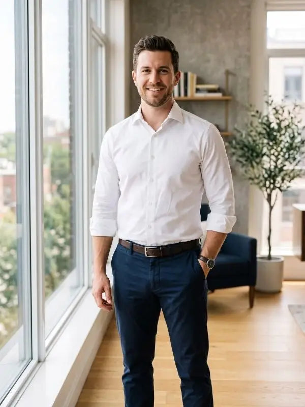 Man wearing a crisp white cotton dress shirt with rolled sleeves in a smart casual look
