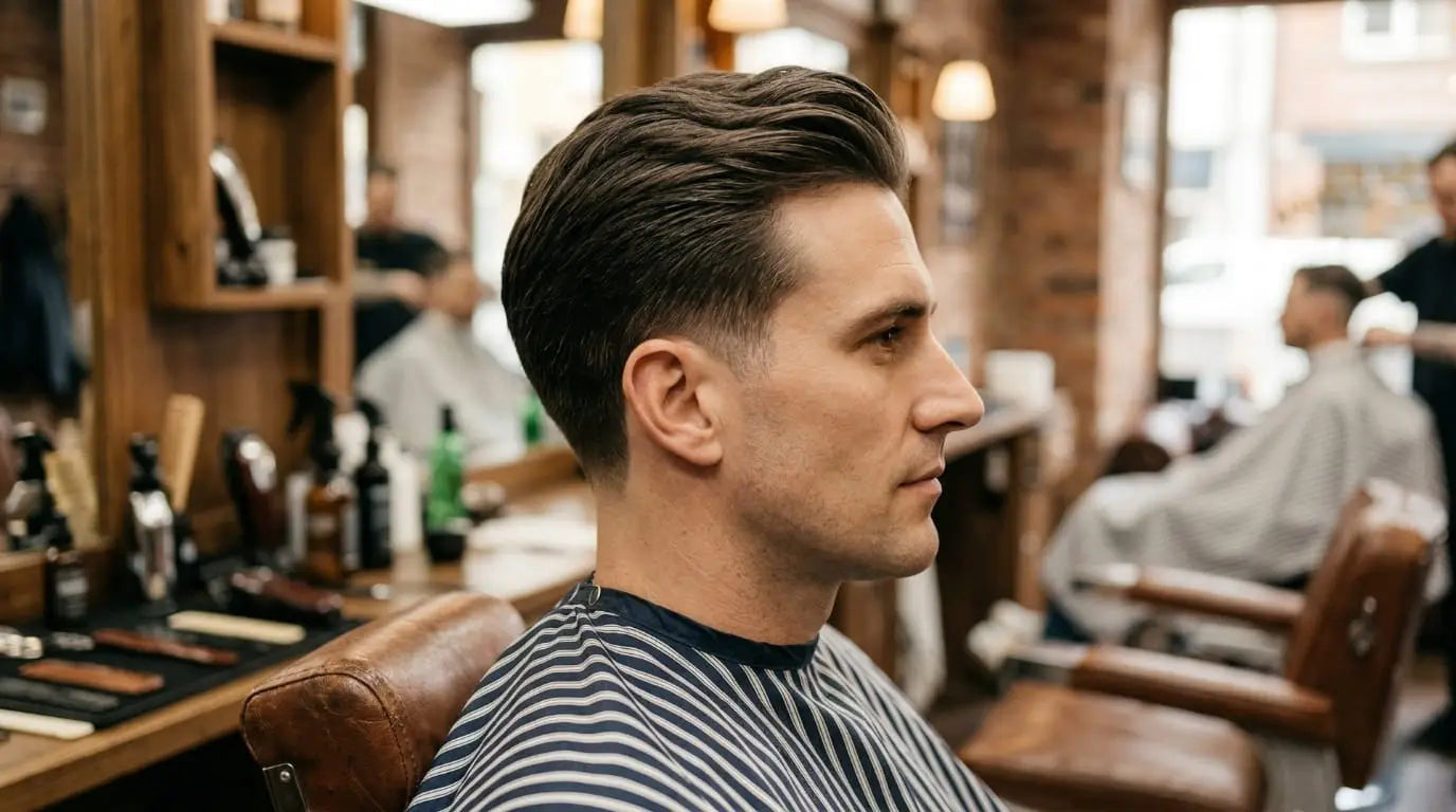 Side profile of a man with a classic taper haircut sitting in a barbershop chair