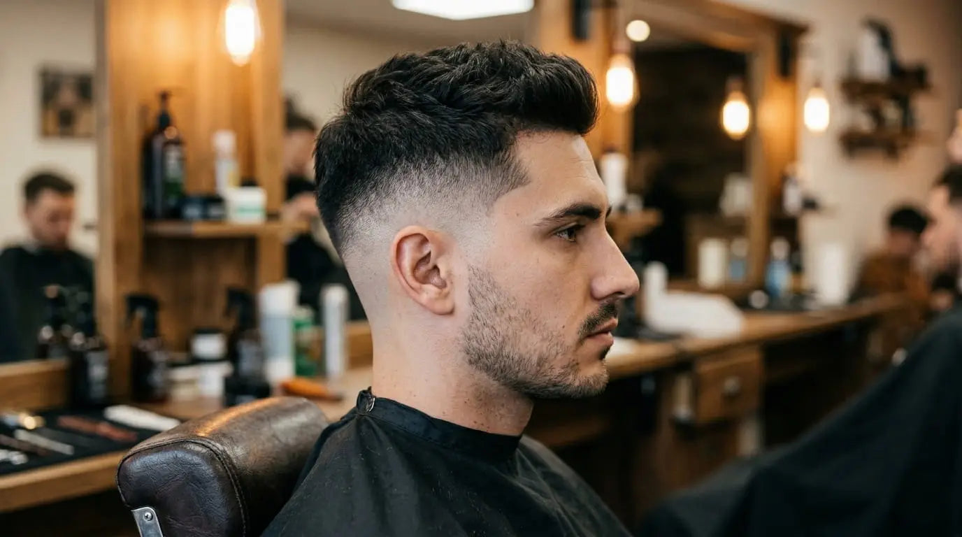 Side profile of a man with a mid fade haircut sitting in a barbershop chair