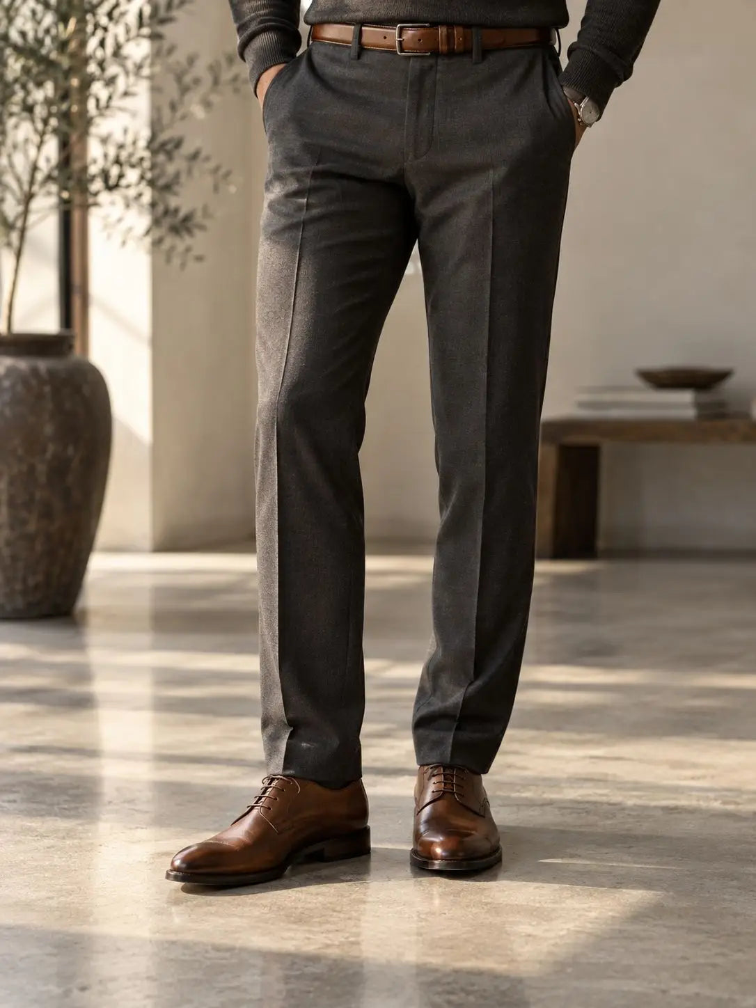 Brown leather belt matched with brown derby shoes and charcoal dress trousers