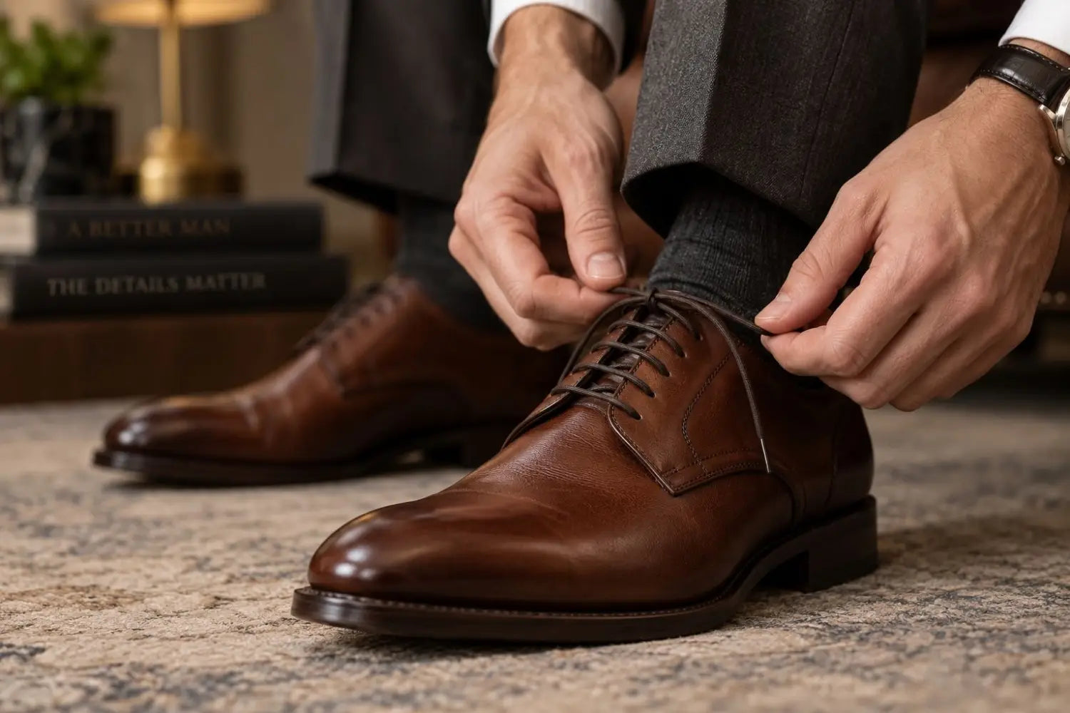 Man lacing a brown leather derby shoe with open lacing, worn with charcoal dress trousers