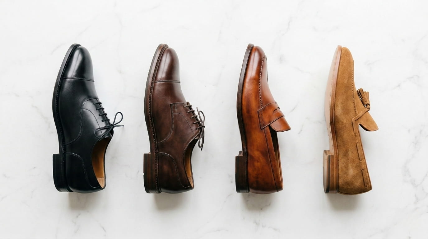 Four men's dress shoes in a row on white marble: black oxford, dark brown derby, cognac loafer, and tan suede loafer showing the range of shoe colors for suits