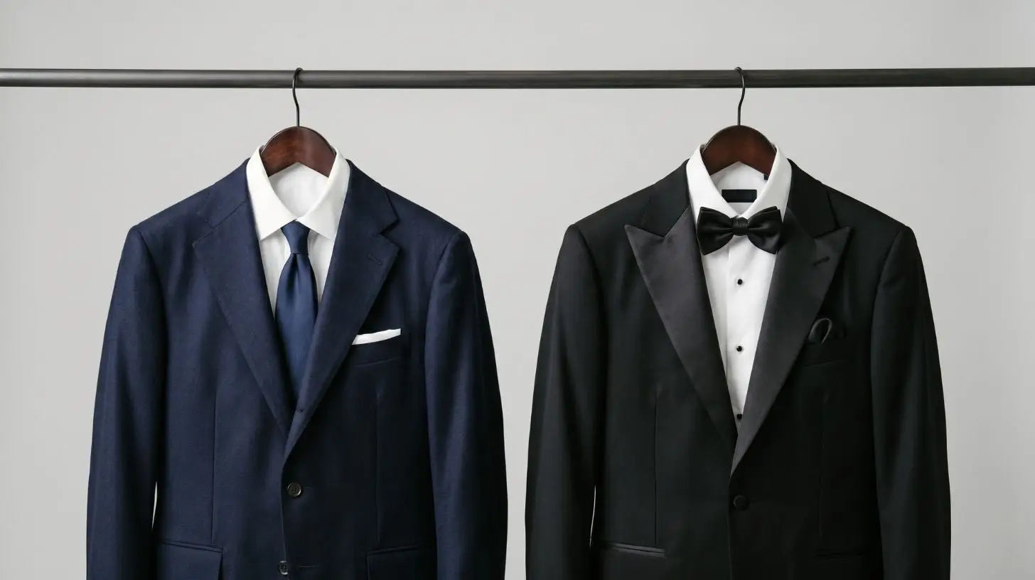 A navy suit and a black tuxedo shown side by side, cropped at the chest to highlight the lapel and satin differences for beginners
