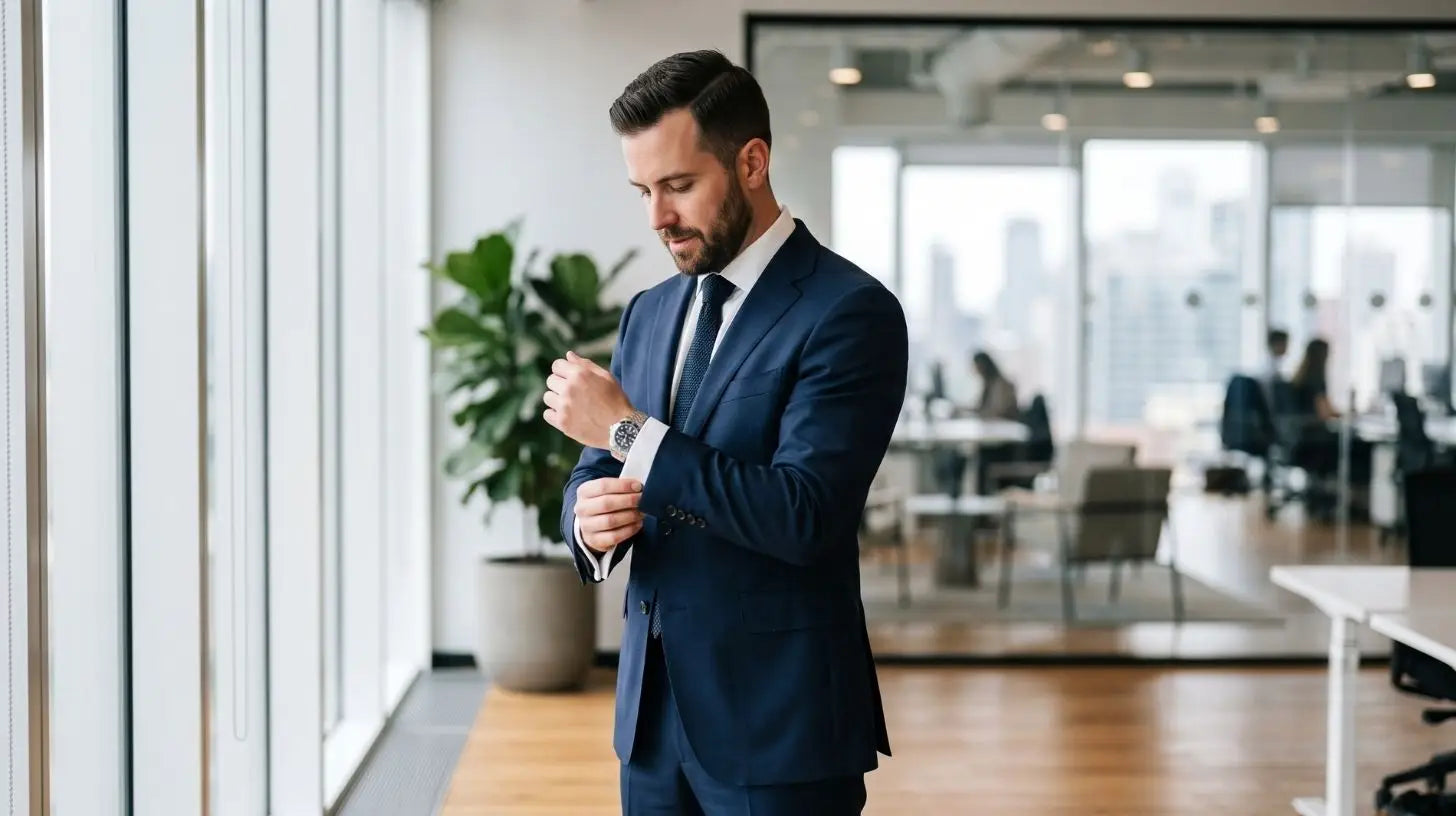 Businessman in a navy suit adjusting his cuff over a crisp white dress shirt in a modern office