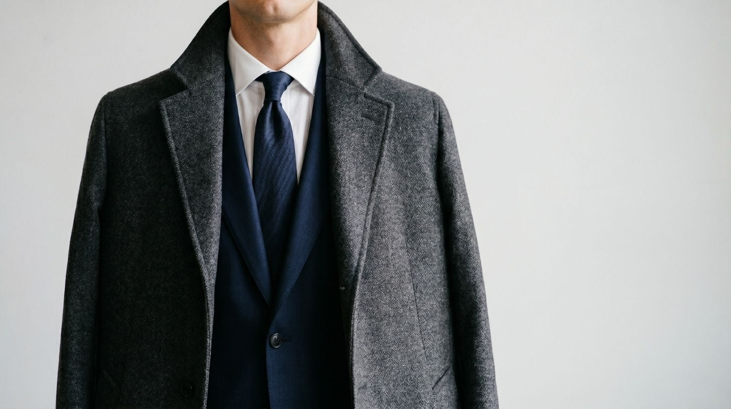 A charcoal wool overcoat layered over a navy suit, cropped at the chest to show the collar, lapel, and clean drape
