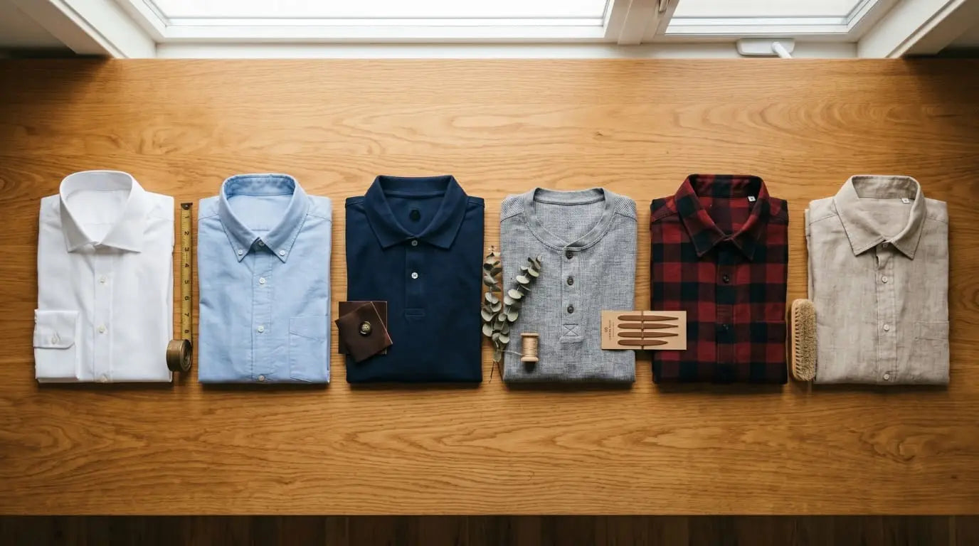 Six men's shirts laid flat in a row on a warm oak wood table - white dress shirt, light blue Oxford button-down, navy polo, gray waffle-knit Henley, red and black buffalo check flannel, and natural linen shirt