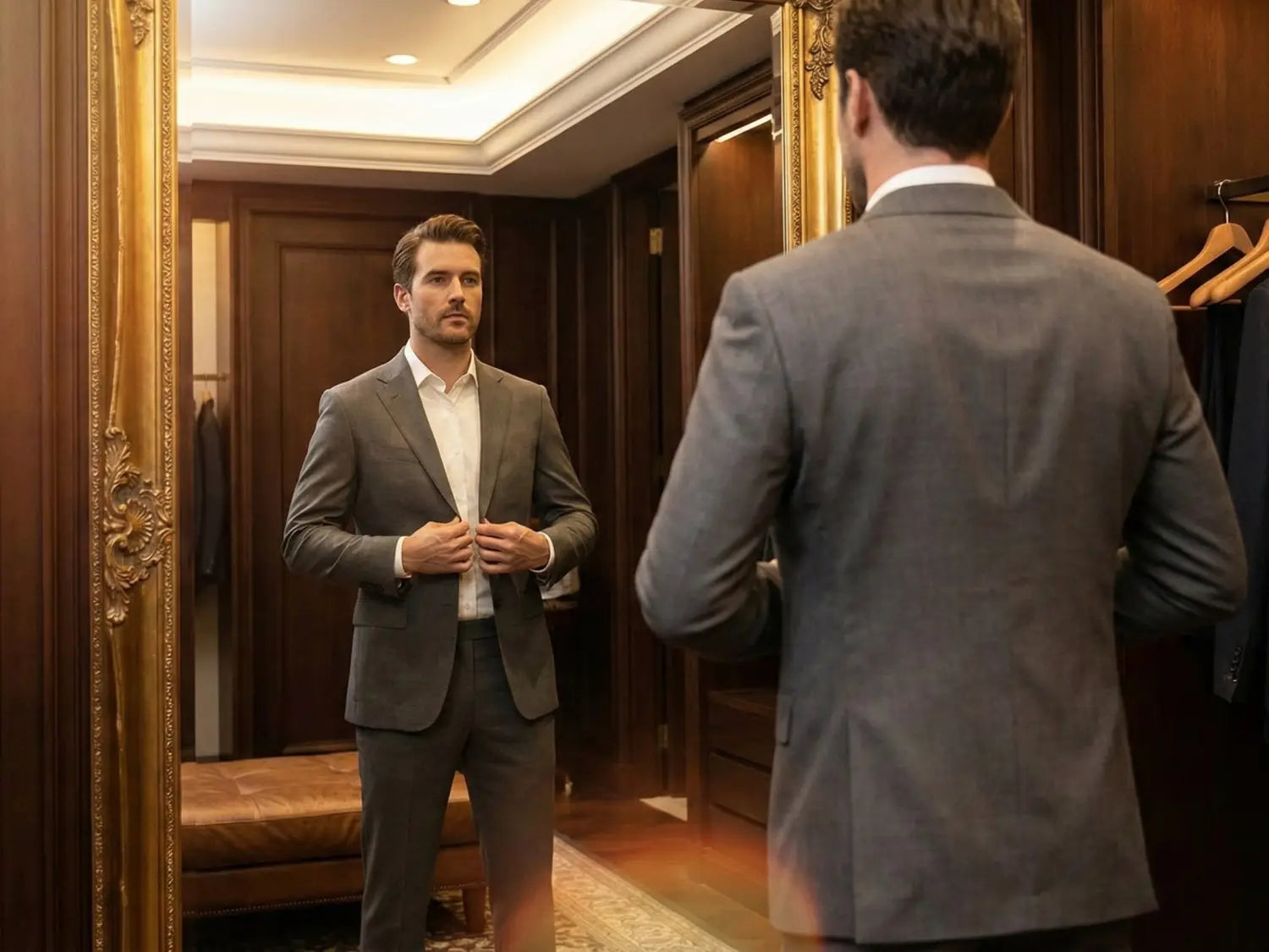Man trying on a gray modern fit suit in front of a mirror inside a classic wood-paneled fitting room, adjusting the jacket for proper fit and tailoring.
