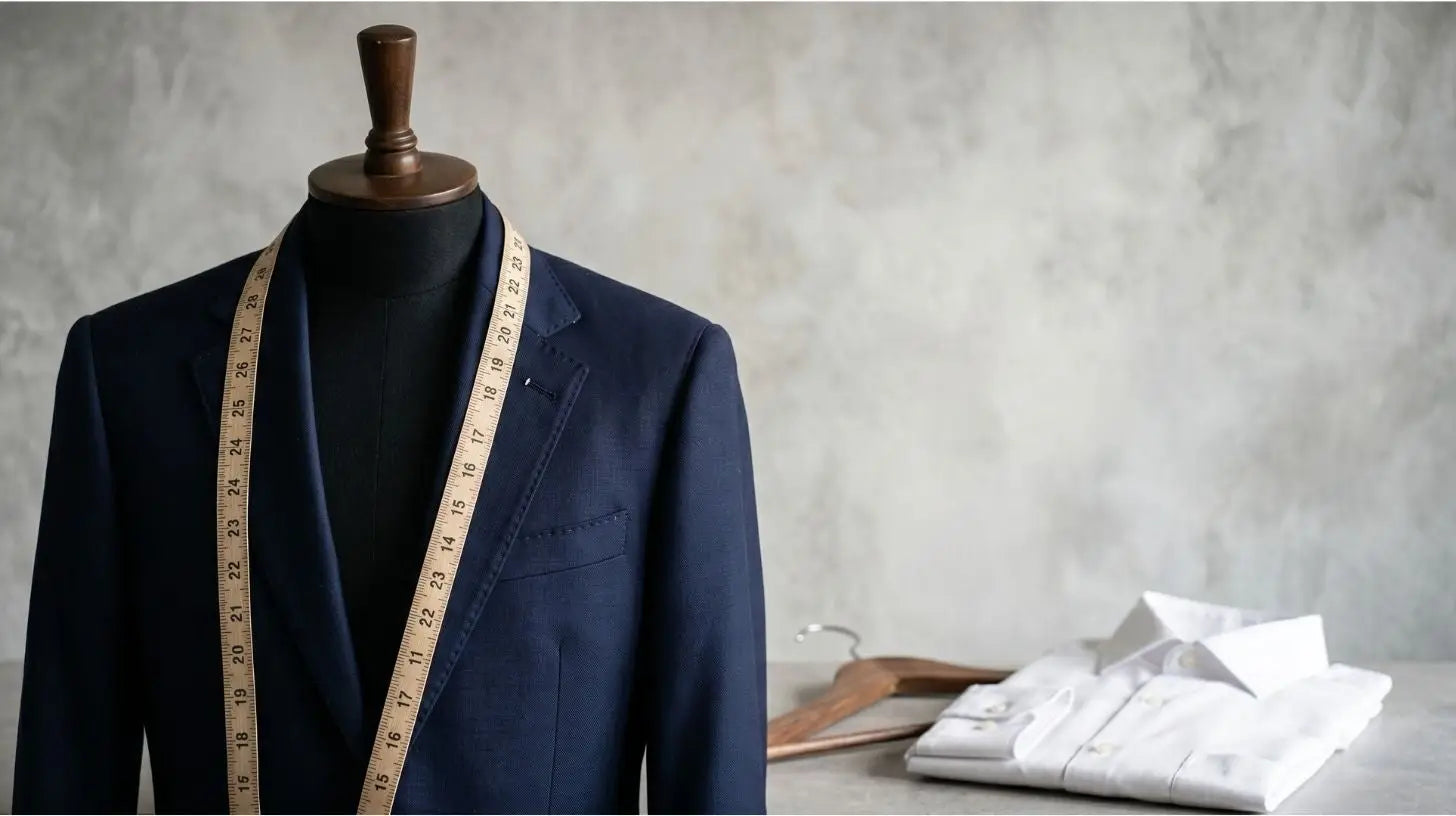 A cloth tape measure draped over the shoulder of a tailored suit jacket on a form, cropped to show chest and lapel detail