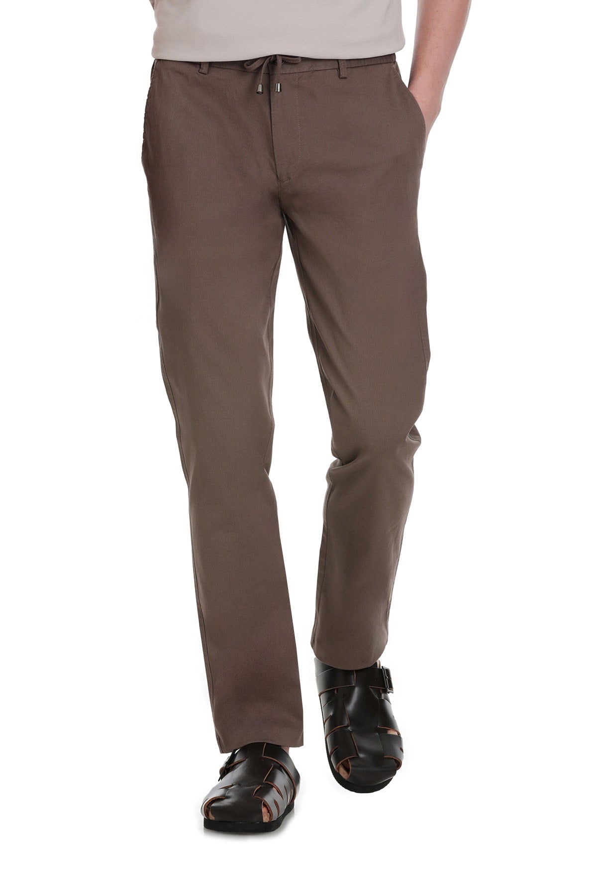 Brown chino trousers with a drawstring waistband and belt loops.