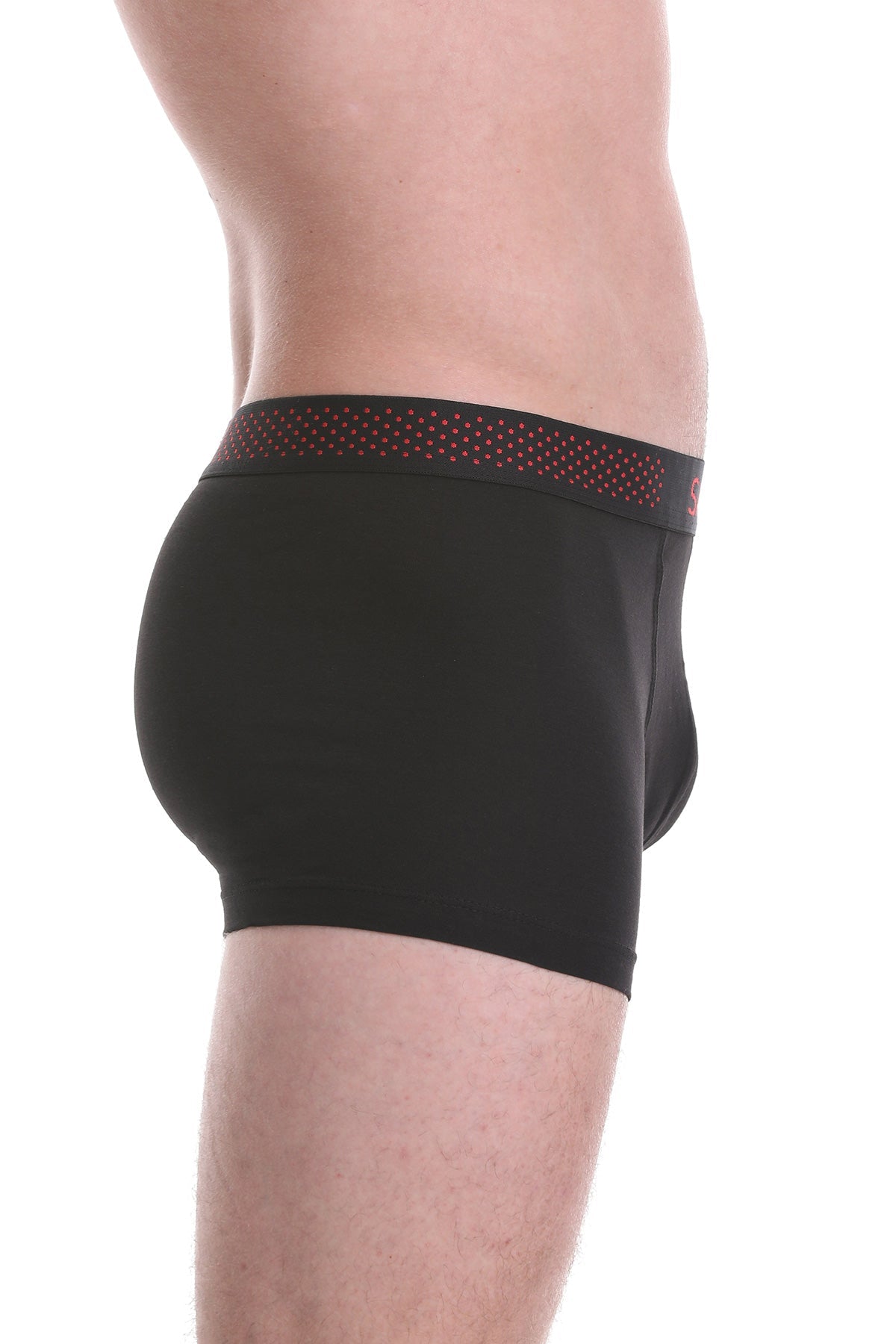 Black boxer briefs with a red dotted waistband featuring a small logo on the side.